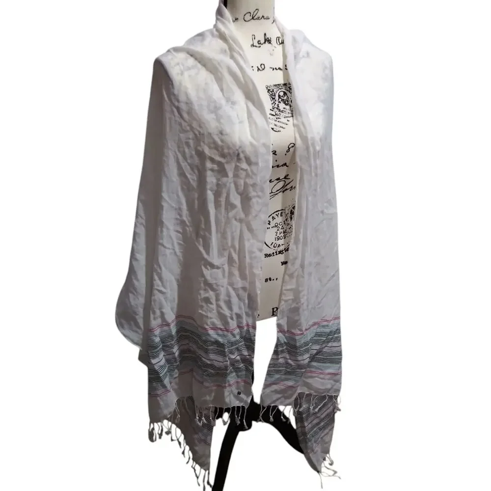 Eddie Bauer White Scarf with Striped Fringe Cotton Spring Layer Size OS